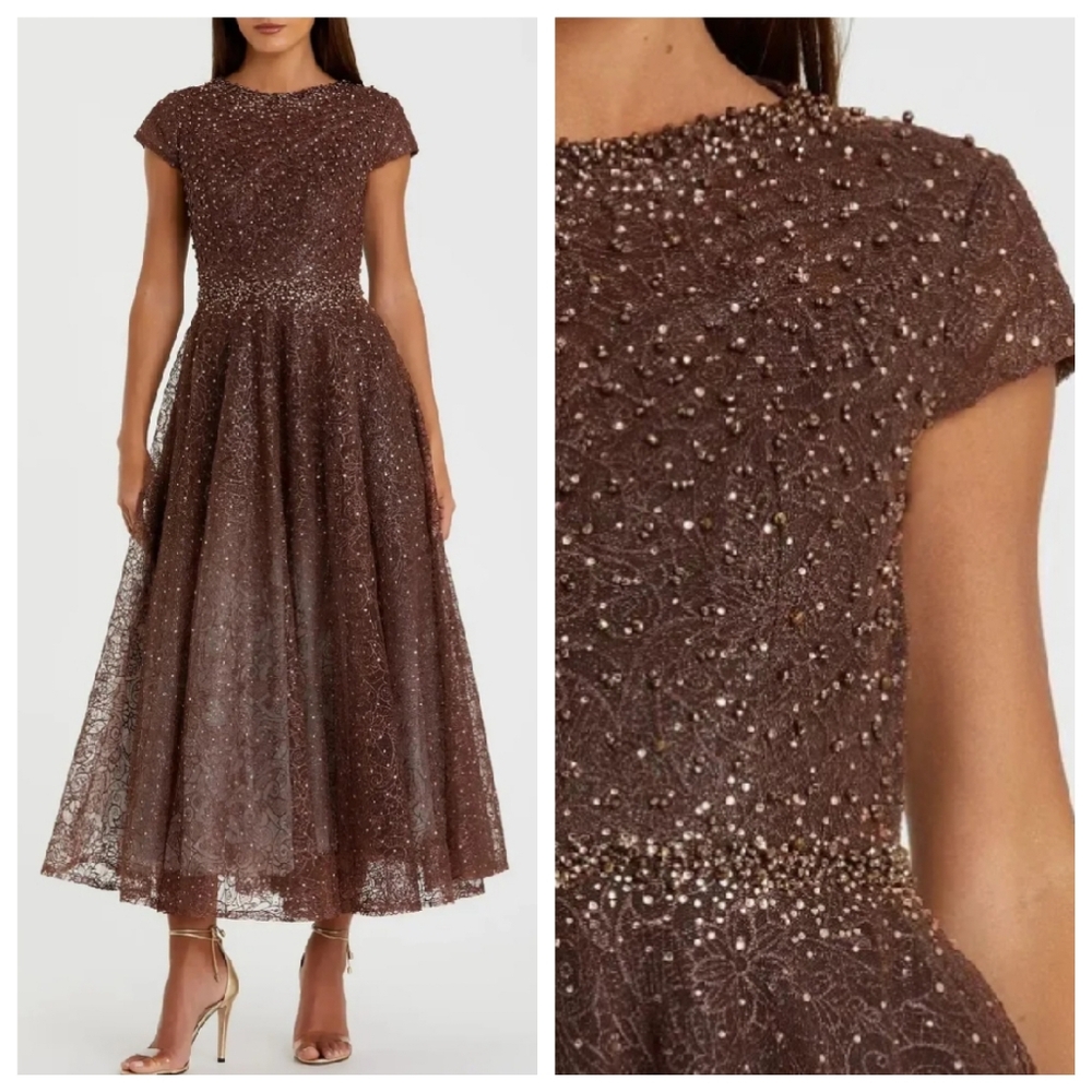 Mac Duggal Brown Embellished Beaded Cap Sleeve Mesh Tulle Maxi Dress Gown 20371